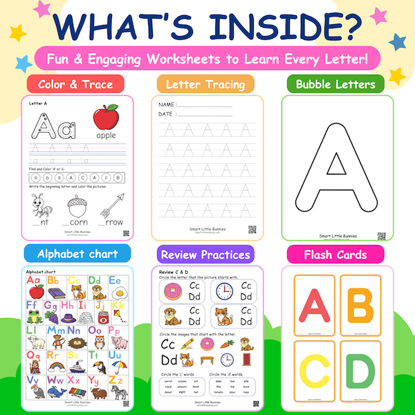 Preview of alphabet tracing, letter recognition, and printable learning activities included in the alphabet workbook bundle