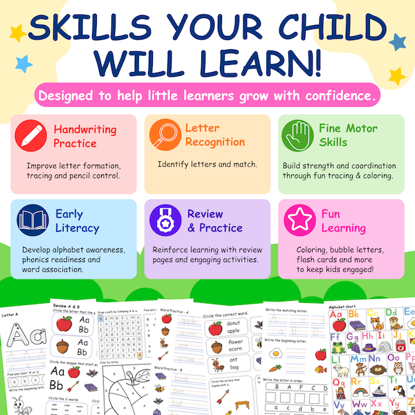 Educational alphabet worksheets showing handwriting practice, fine motor skills, and fun preschool learning activities