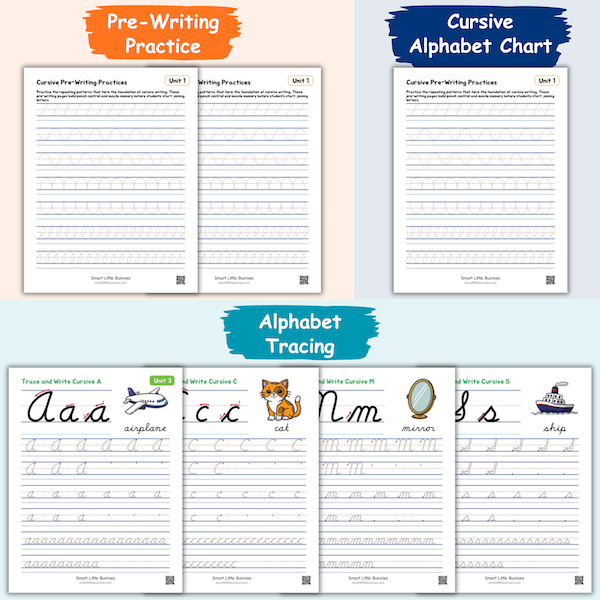Cursive alphabet sample worksheets of pre-writing, cursive chart, and alpahbet tracing