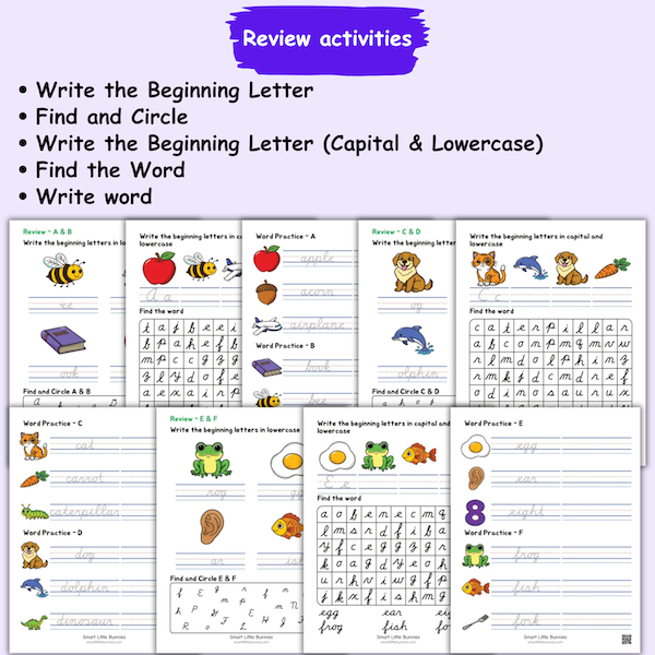 Cursive alphabet reveiw worksheets of write the beginning letter, find and circle, find word, and wirte the word