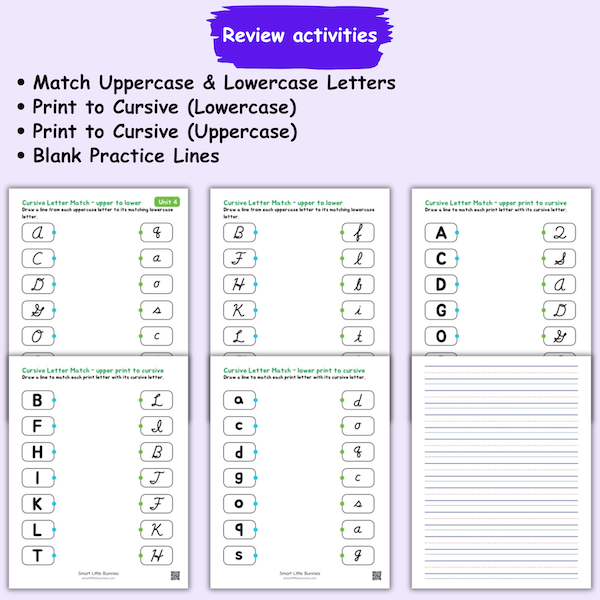 Cursive alphabet review worksheets of match letters