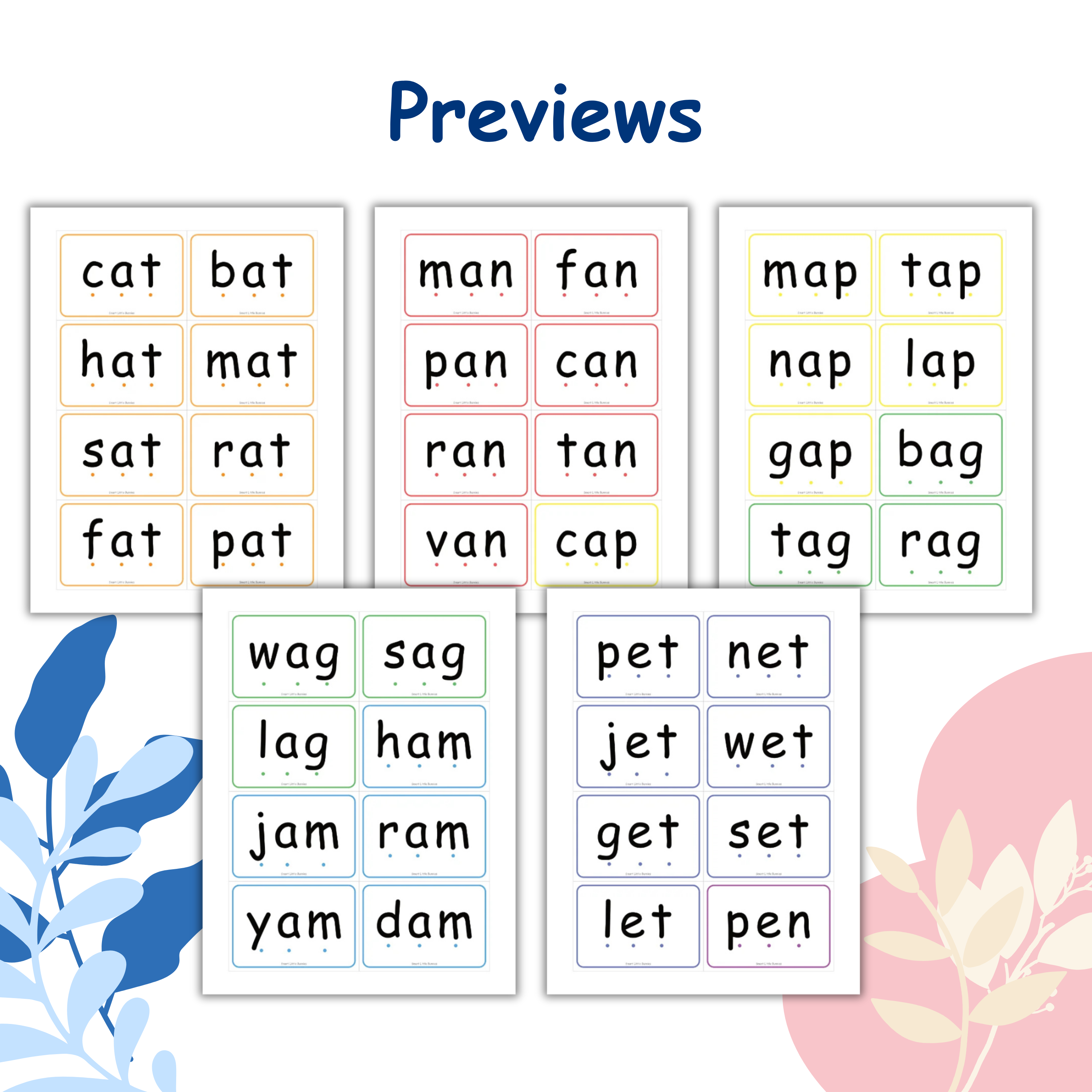 Printable CVC flashcards preview with phonics sound dots for decoding practice
