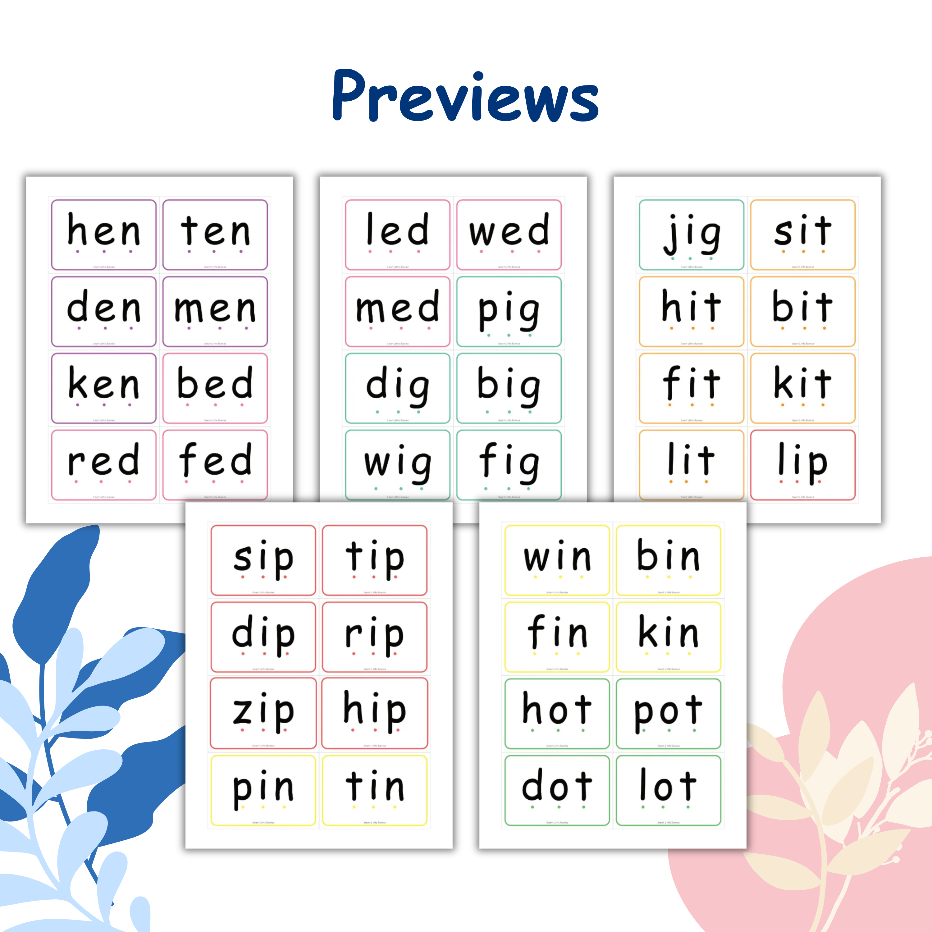 CVC flashcards layout for blending and early reading practice for kids