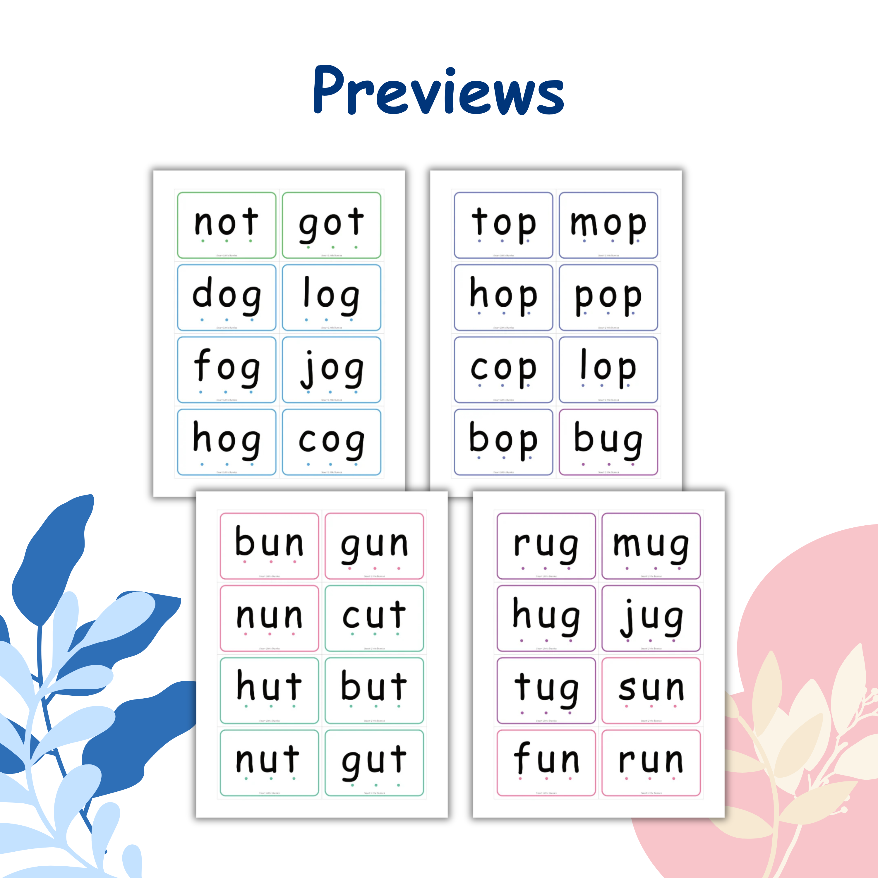 Phonics CVC words flashcards printable set for preschool and kindergarten learners