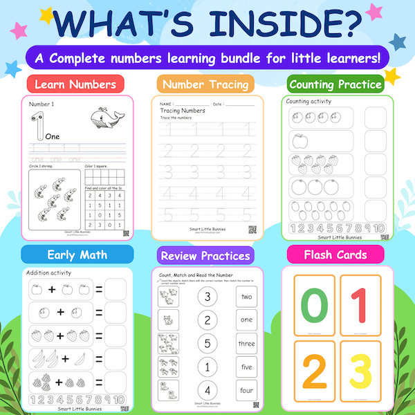 Preview of number tracing, counting practice, number recognition, and printable math activities included in the numbers workbook bundle