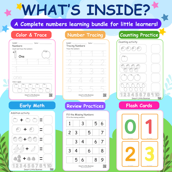 Preview of number tracing, counting practice, number recognition, and printable math activities included in the numbers workbook bundle