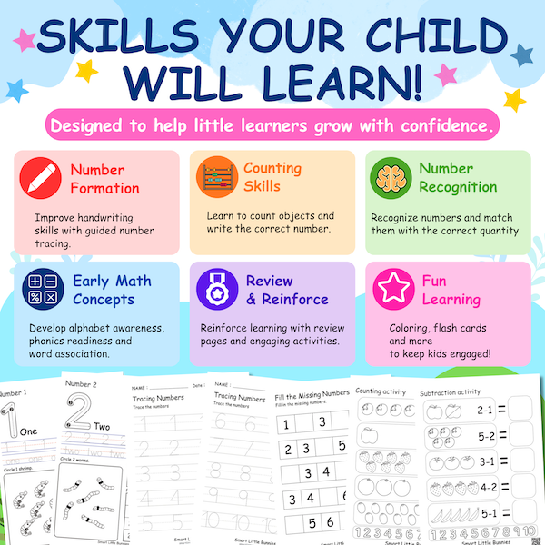 Educational numbers worksheets showing early math skills, review practice, flash cards, and preschool learning activities