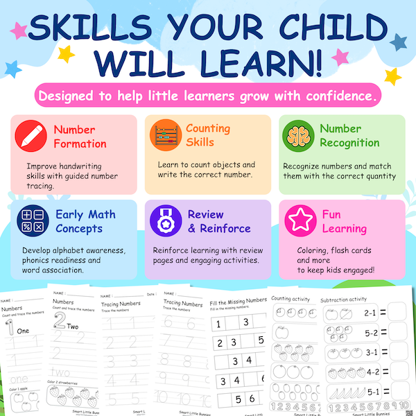 Educational numbers worksheets showing early math skills, review practice, flash cards, and preschool learning activities