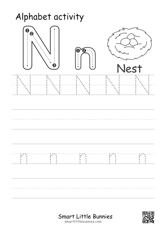 Letter N Tracing Worksheet - Free Uppercase and Lowercase Printable with Nest