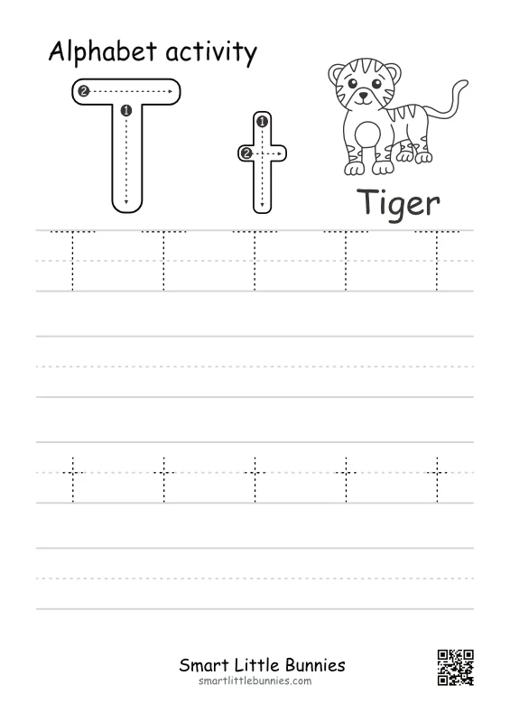 Letter T Tracing Worksheet - Free Uppercase and Lowercase Printable with Tiger