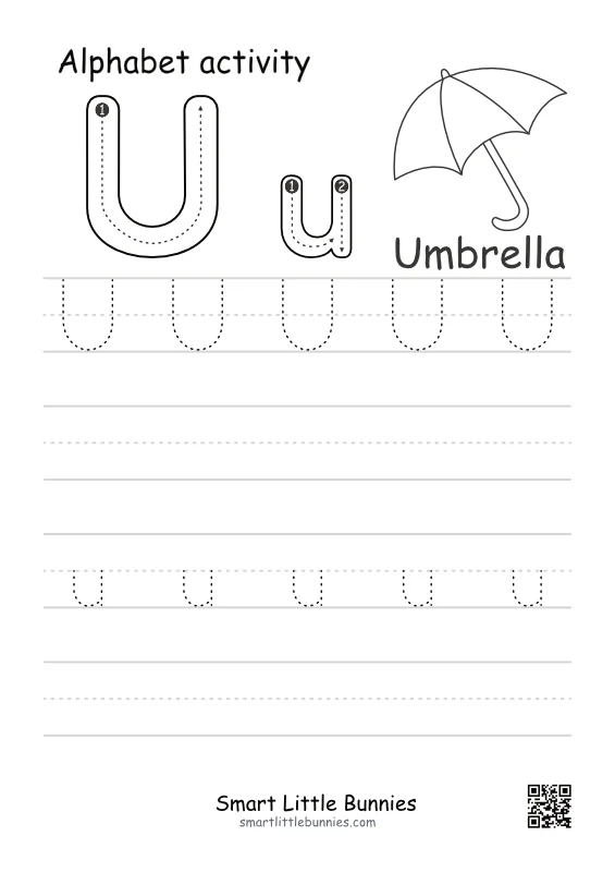 Letter U Tracing Worksheet - Free Uppercase and Lowercase Printable with Umbrella
