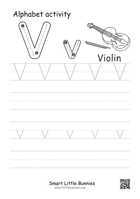Letter V Tracing Worksheet - Free Uppercase and Lowercase Printable with Violin