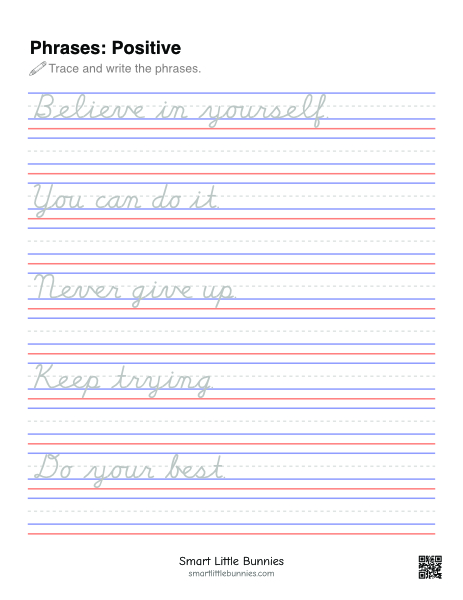 Positive Phrases Cursive Tracing Worksheet