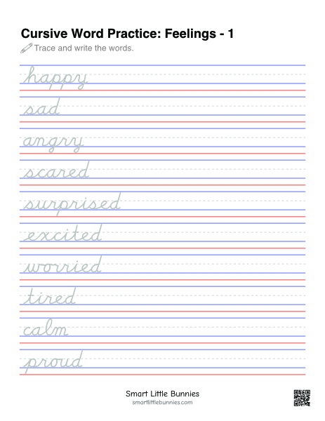 Feelings Cursive Tracing Worksheet