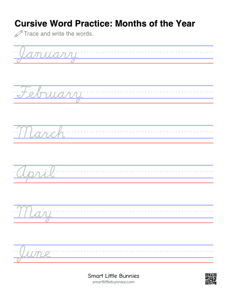 Months of the Year Cursive Tracing Worksheet