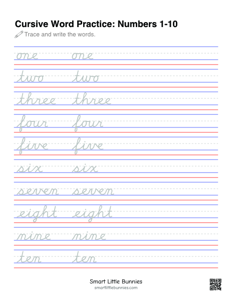 Numbers 1–10 Cursive Tracing Worksheet