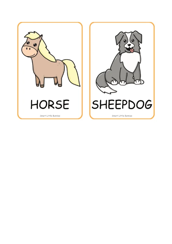 Farm animal flash cards horse sheepdog
