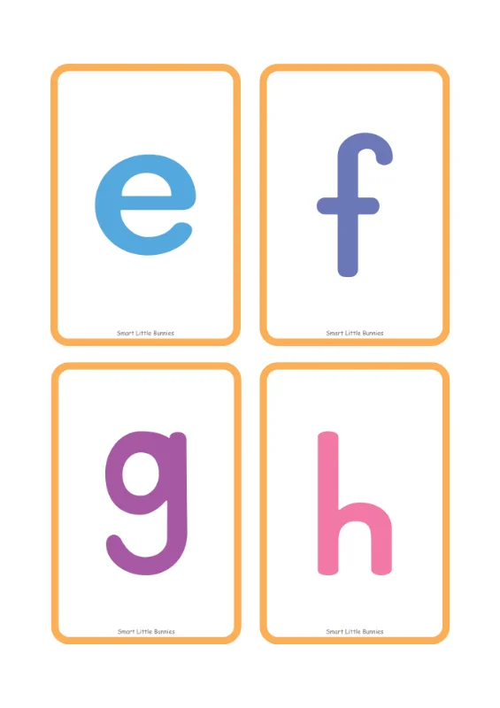 Lowercase letters e to h flash cards