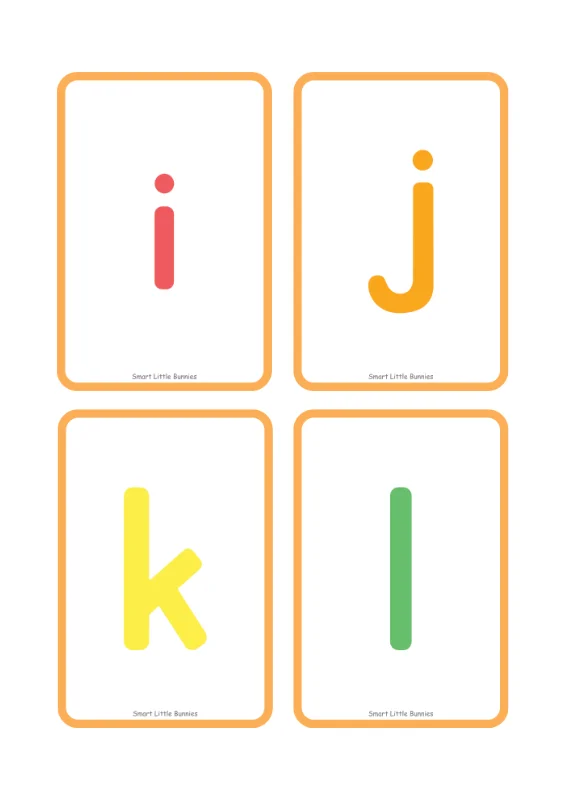 Lowercase letters i to l flash cards
