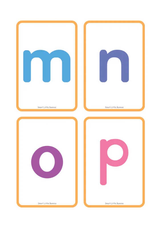 Lowercase letters m to p flash cards