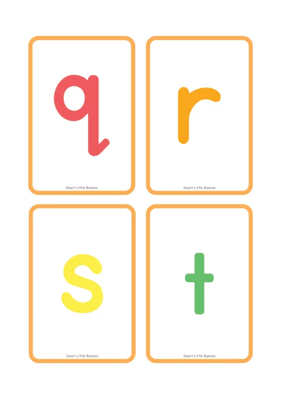 Lowercase letters q to t flash cards