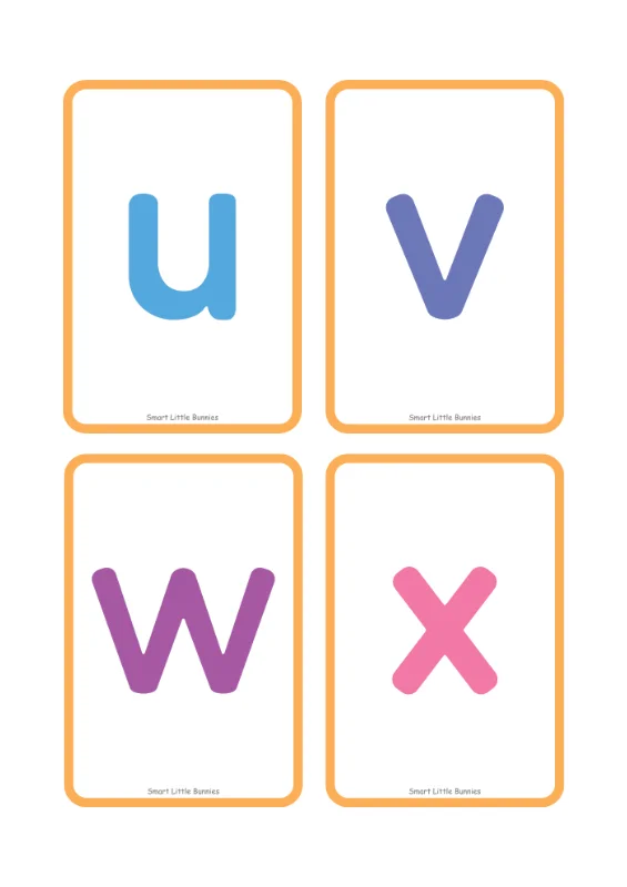 Lowercase letters u to x flash cards