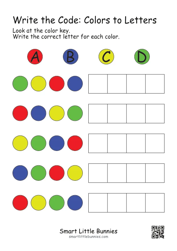 Write the code colors to letters worksheet page 3