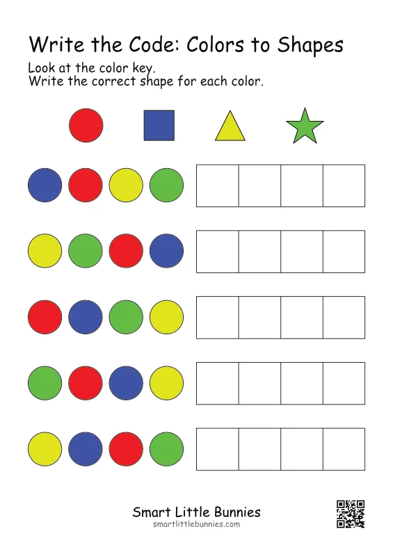 Write the code colors to shapes worksheet page 2