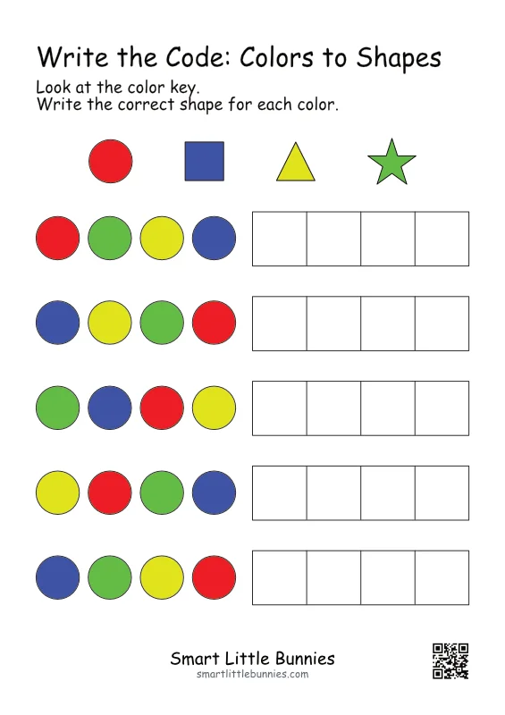 Write the code colors to shapes worksheet page 3