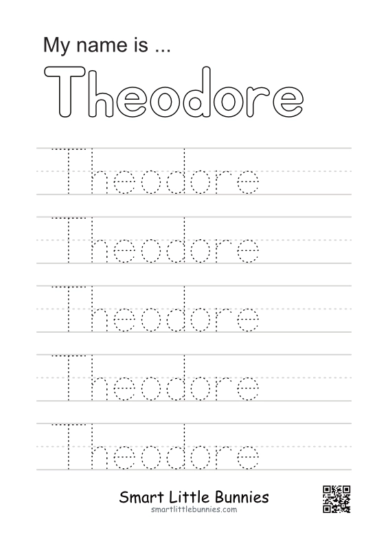 Name Writing Worksheet - Theodore (Free Printable)