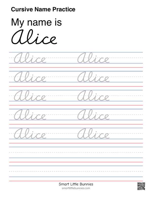 Cursive name writing worksheet for Alice