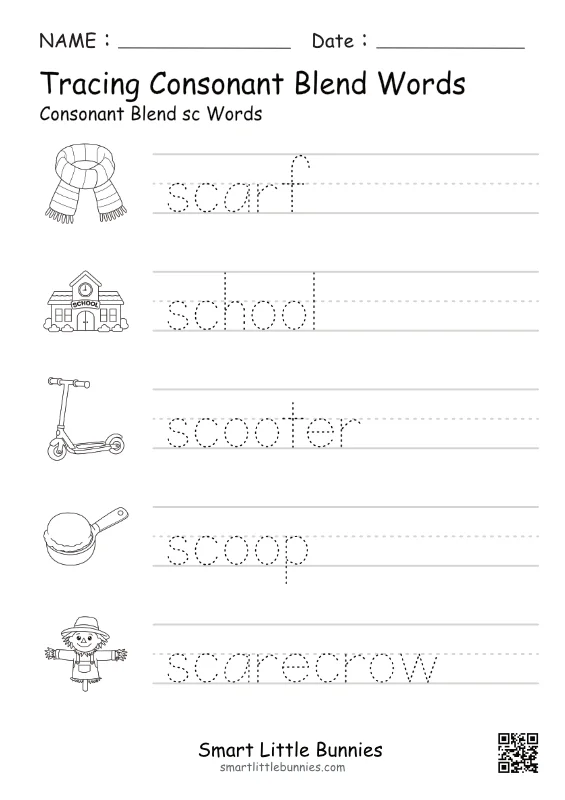 SC Consonant Blend Tracing Worksheet – Free Printable Phonics Practice