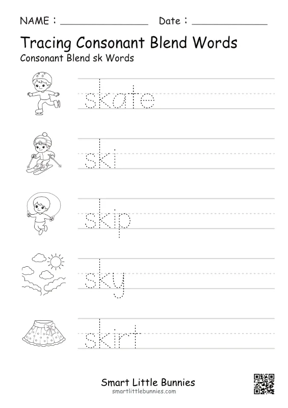 SK Consonant Blend Tracing Worksheet – Free Printable Phonics Practice