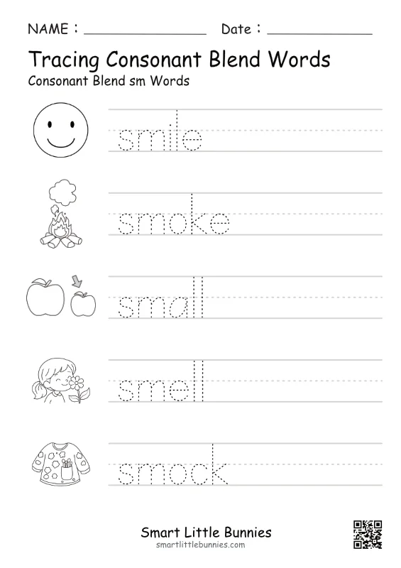 SM Consonant Blend Tracing Worksheet - Free Printable Phonics Practice