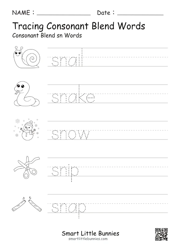 SN Consonant Blend Tracing Worksheet - Free Printable Phonics Practice
