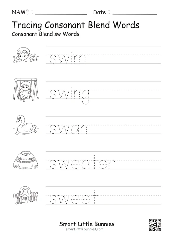 SW Consonant Blend Tracing Worksheet – Free Printable Phonics Practice