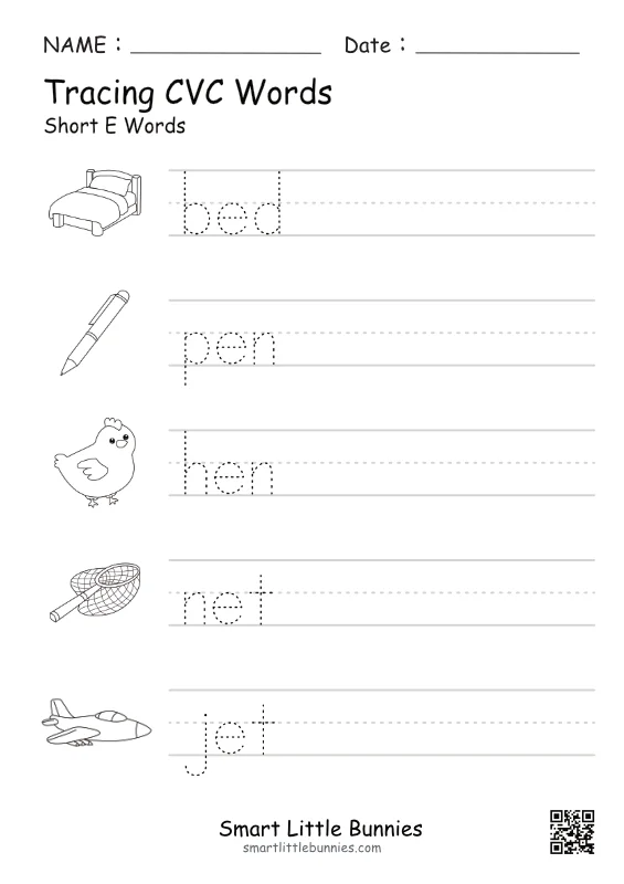 CVC Short E Tracing Worksheet - Free Printable Phonics Practice