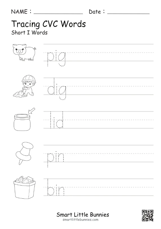 CVC Short I Tracing Worksheet - Free Printable Phonics Practice