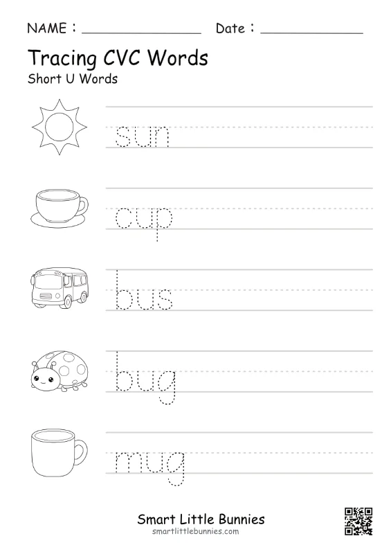 CVC Short U Tracing Worksheet - Free Printable Phonics Practice