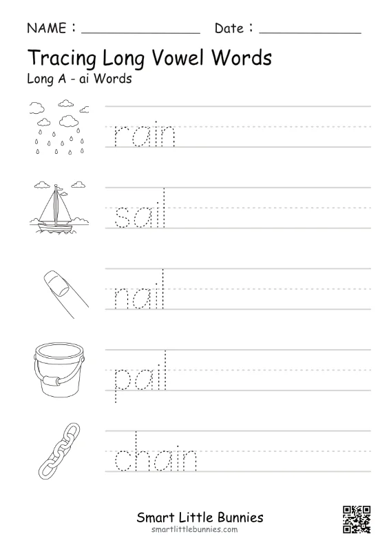 Long A (ai) Tracing Worksheet – Free Printable Phonics Practice