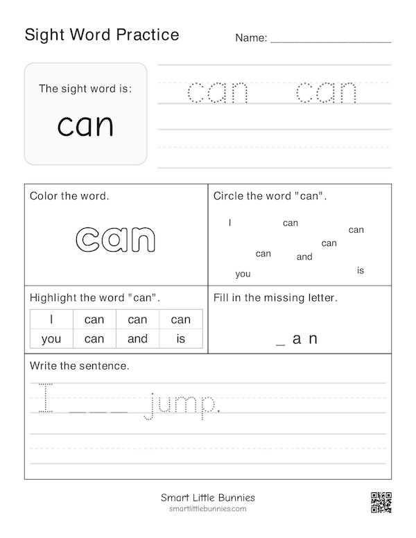 Sight Word can Worksheet