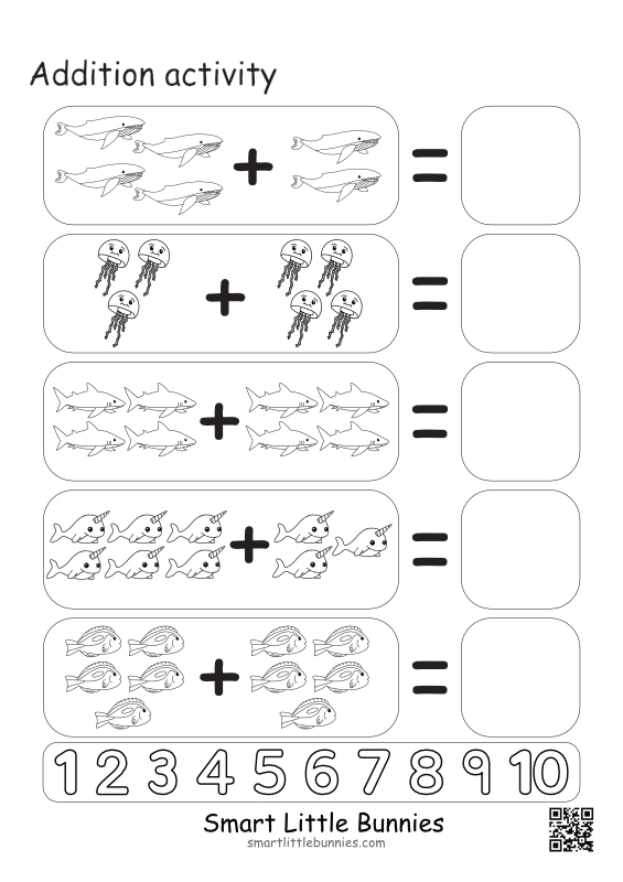 Addition activity, ocean animals theme