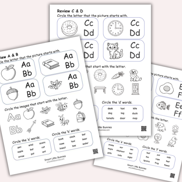 Alphabet Review Worksheet 1 – Beginning Letter Recognition, Picture Matching & Word Recognition
