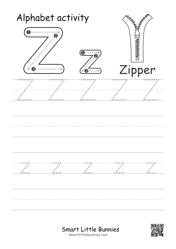 Z 알파벳 따라쓰기 - 대문자와 소문자, 지퍼(zipper) 색칠하기