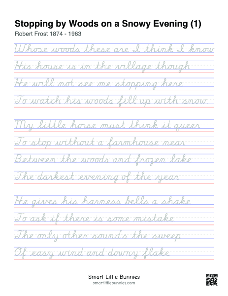 Stopping by Woods on a Snowy Evening Cursive Tracing Worksheets
