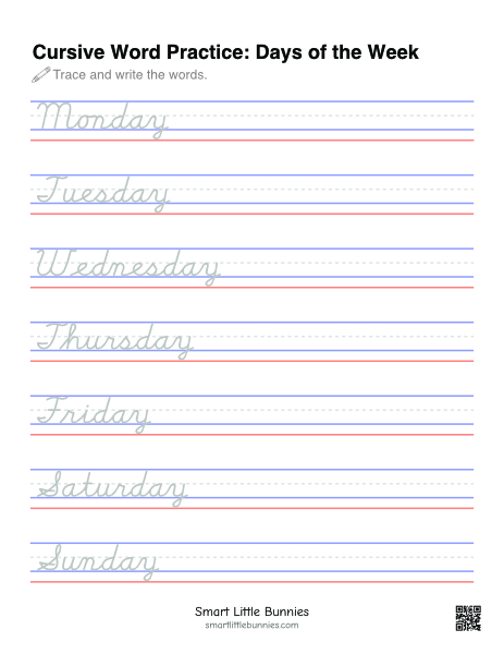 Days of the Week Cursive Tracing Worksheet