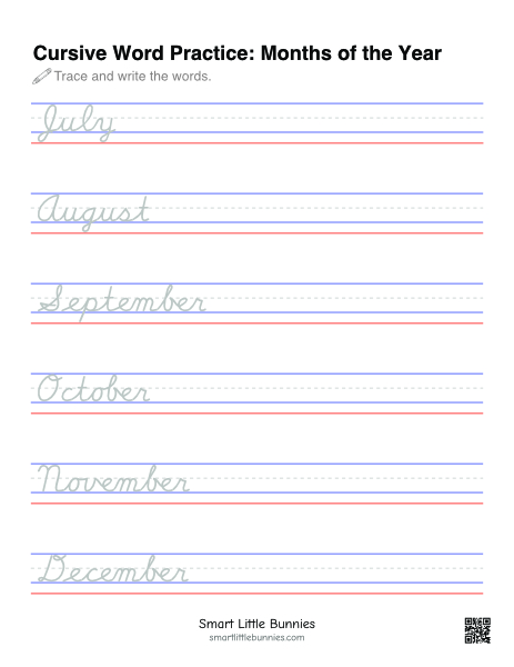 Months of the Year Cursive Tracing Worksheet – July to December