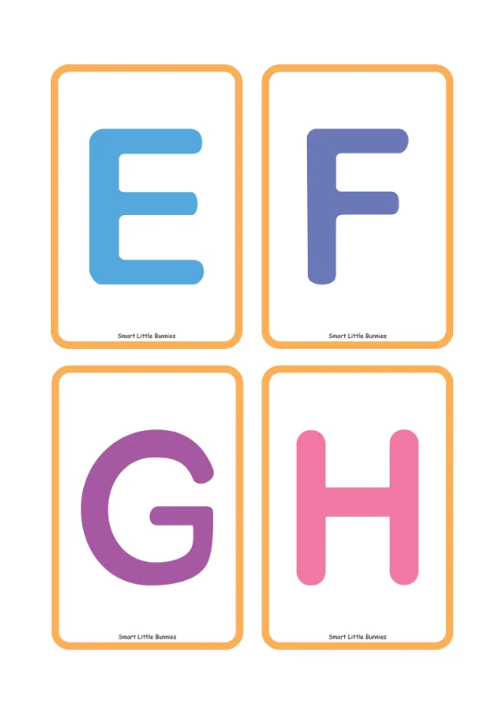 Uppercase letters E to H flash cards