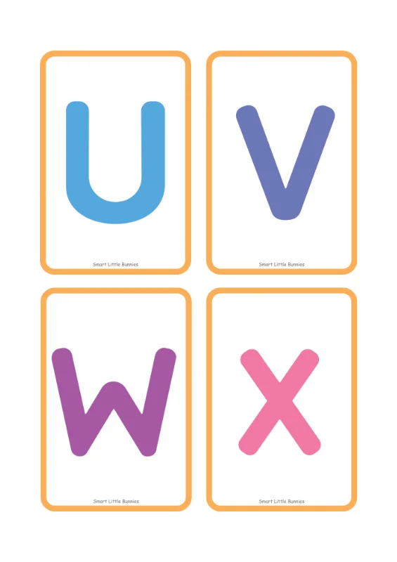 Uppercase letters U to X flash cards