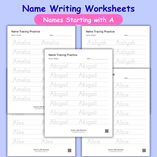 Name Writing Worksheets — Names Starting with A (Free Printable)